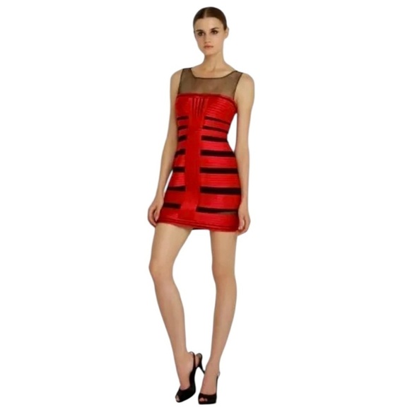BCBGMaxAzria Dresses & Skirts - BCBGMaxAzria Brenda Jewelred Satin Sheer Bandage Bodycon Mini Dress Size 10